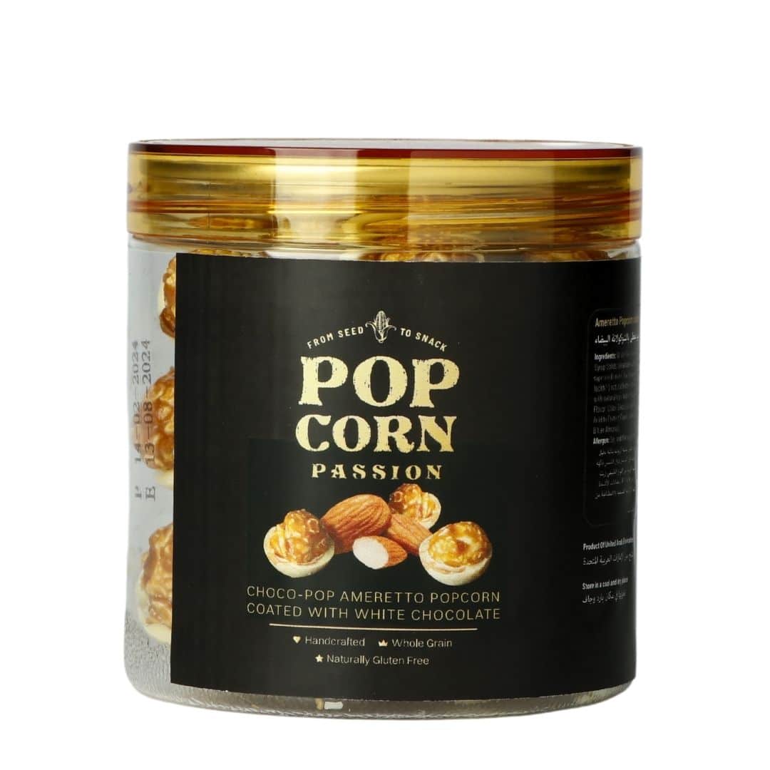 Amaretto Popcorn coated with White Chocolate