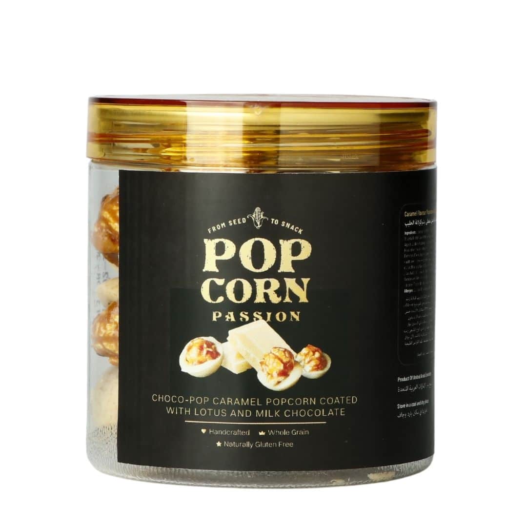 Caramel Popcorn coated with Lotus and Milk Chocolate