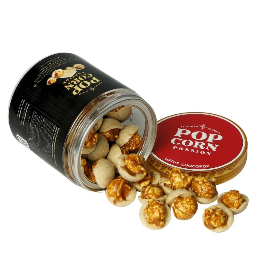 Caramel Popcorn coated with Lotus and Milk Chocolate